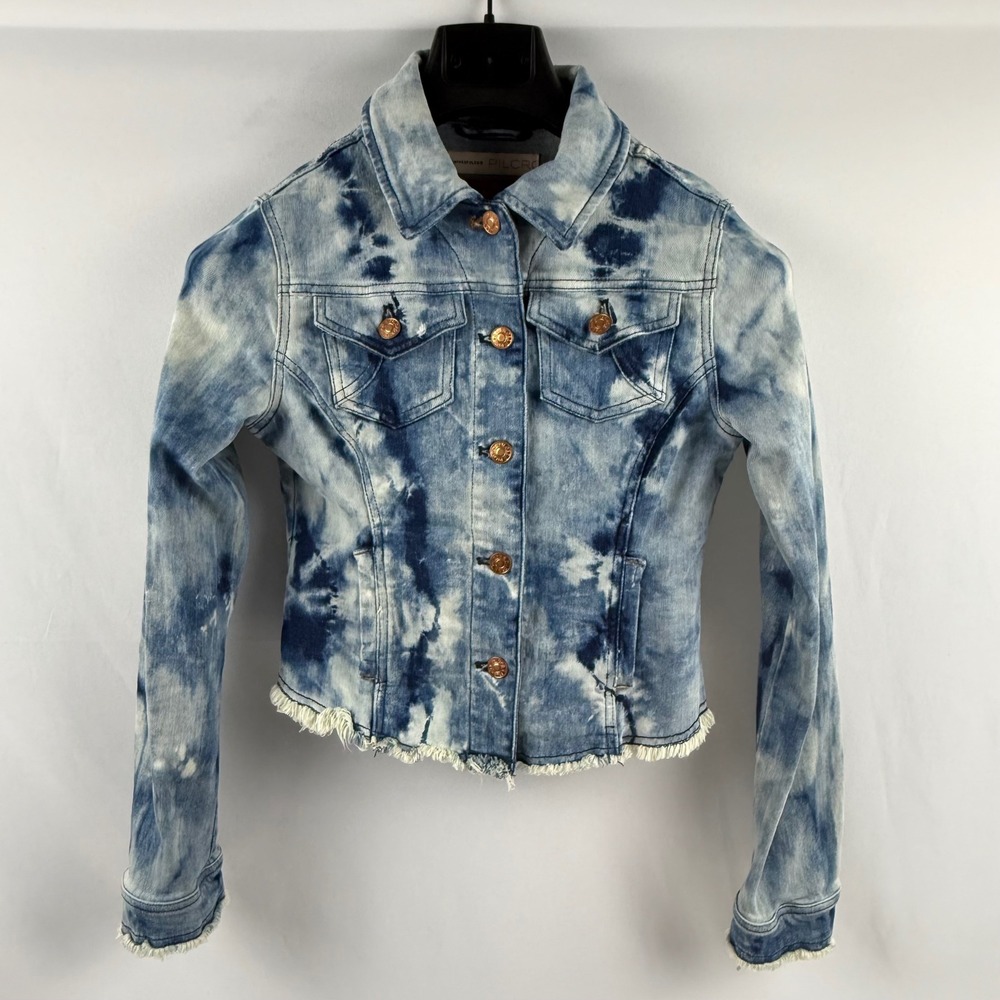 Anthropologie Pilcro Blue Tie Dye Denim Jacket XS Raw Hem Acid Wash Cropped - Picture 5 of 13